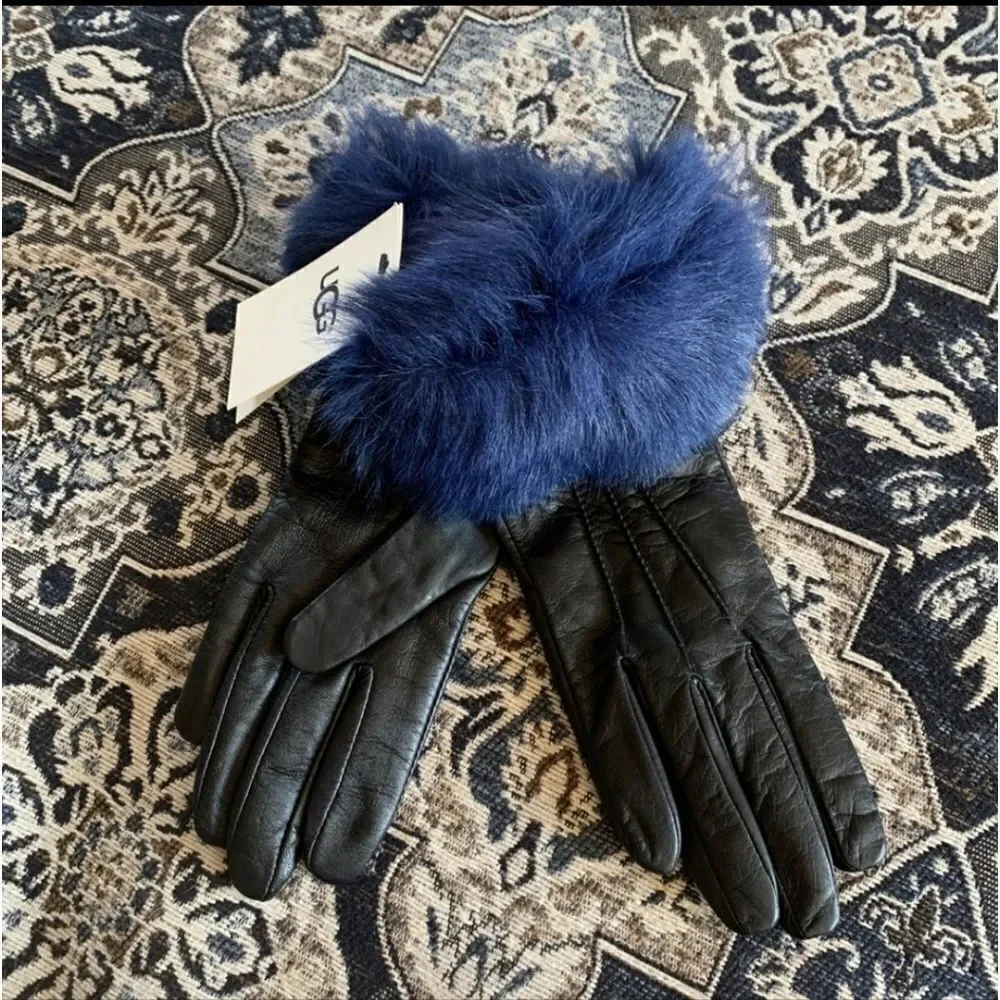 UGG Black LEATHER GLOVES  REAL FUR Blue W/ Shearling cuffs size medium